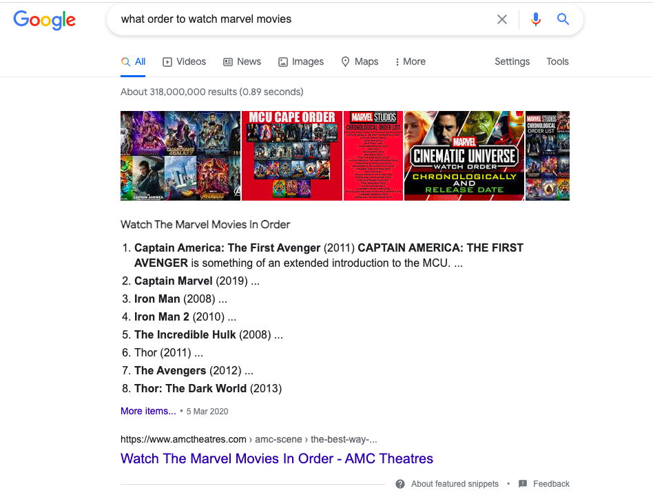 Ordered List Featured Snippet