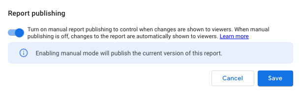 Showing the reporting publishing settings in Data Studio.