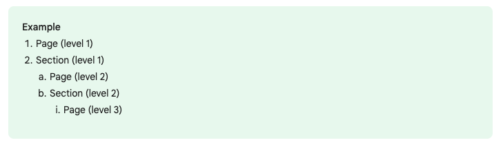 The levels within the page and section structure of a dashboard, from Google Data Studio.