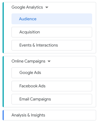 Pages and Sections shown in the Report Pages Menu in Data Studio.